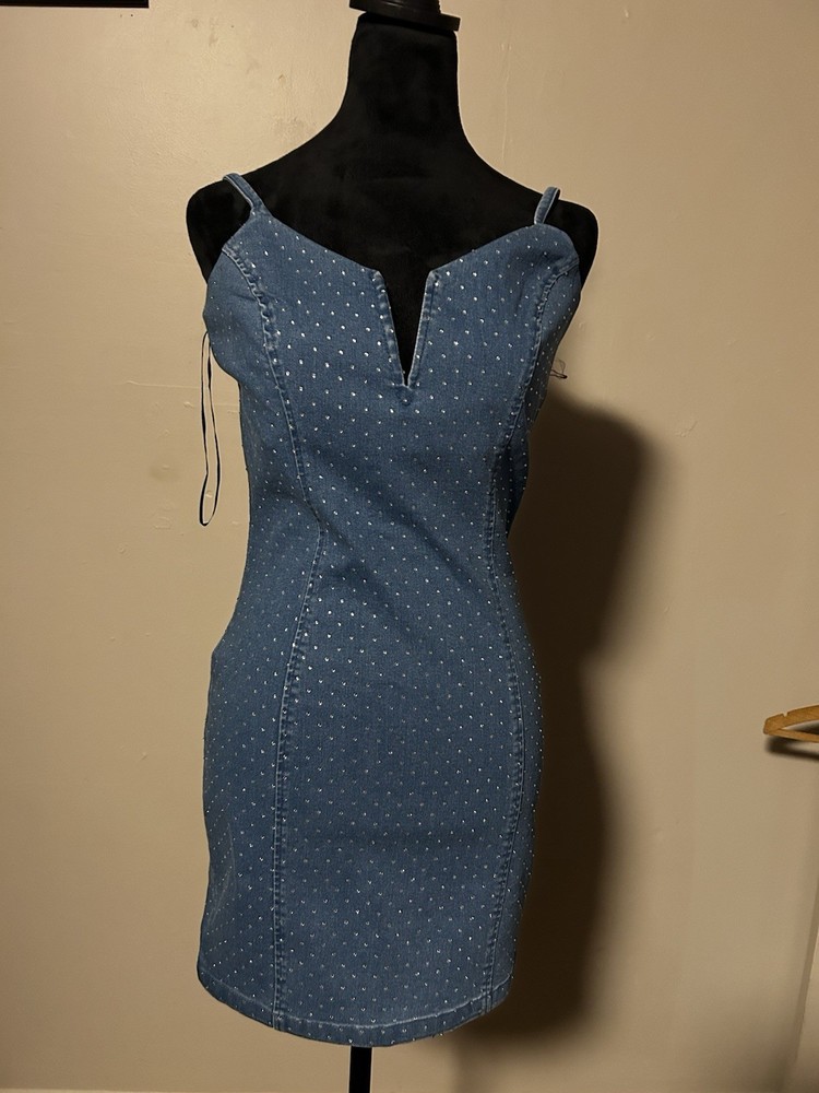 Iris Basic S Blue Denim Rhinestone Bodycon Mini Dress V-Neck Zip Sleeveless