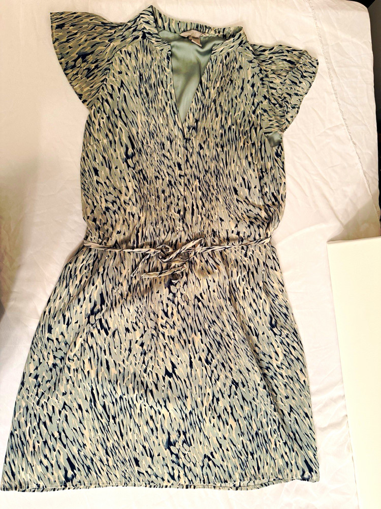 H&M Women’s XS Light Blue Black Abstract V-Neck Flutter Sleeve Tie Short Dress