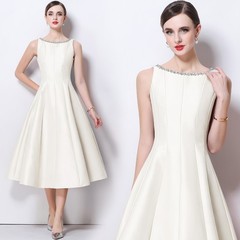 Solid Rhinestone Boat Neck Sleeveless Women Casual Party Slim Evening Vest Dress