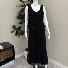 NWT Pura Seta Black Silk Jersey Lined Midi Dress Size Small Drop Waist Flowy