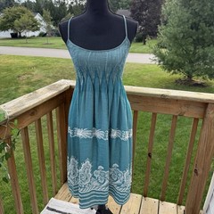 Max Studio Teal Blue Embroidered Spaghetti Strap MIDI Dress Cottagecore Sz S