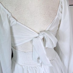 Forolav White Square Neck Tie Back Ruffle Mini Dress Small Long Balloon Sleeve