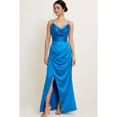 Lavetir Royal Blue Satin Cowl Neck Ruched Waist Evening Gown Size 0-2 Approx