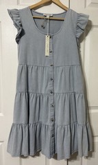 She + Sky Denim Flutter Sleeve Dress Tiered Button Front NWT Women’s Size L