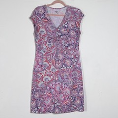 Title Nine Diamalete Dress Women Sz M Multi Floral V-Neck Ruched Cap Sleeve