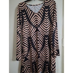 Black and Beige Long-Sleeve Patterned A-Line Dress