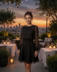 NWT On 34th Black Polka Dot Burnout Mini Dress Size M Sheer Long Sleeve Smocked