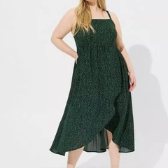 Torrid Tea Length Challis Square Neck Green Dress Size 4 or US 26