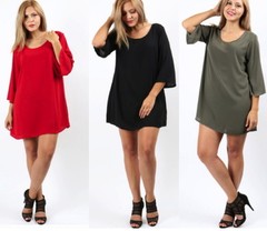 New Plus Size 3/4 Bell Sleeve Shift Swing Dress- L/XL/1X-2X-3X