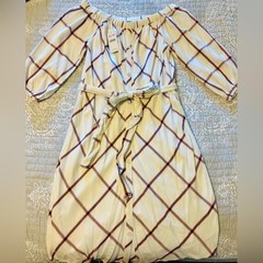 Splendid Off Shoulder Long Sleeve Preppy Tie Waist White Blue Print Midi Dress