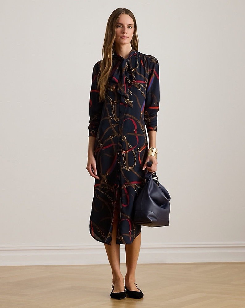 Ralph Lauren Georgette Equestrian Chain Print Tie Neck Midi Dress Navy 14 NWT
