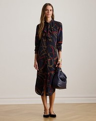 Ralph Lauren Georgette Equestrian Chain Print Tie Neck Midi Dress Navy 14 NWT