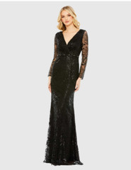 MAC DUGGAL 68016 EMBELLISHED WRAP OVER LONG SLEEVE BLACK GOWN sz 12