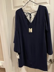 Trina Turk Nico Shift Dress Bell Sleeves Open Back Navy Dressy Evening Medium