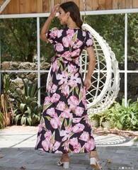 Women’s M Black/Pink/Green Floral Maxi Wrap Dress V-Neck Puff Sleeve Tie Slit