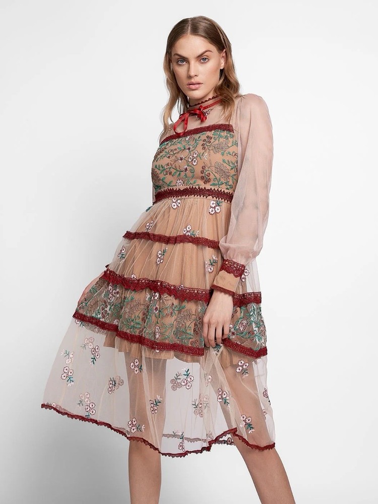 Kaimilan Red Floral Mesh Sheer Embroidered Lace Lantern Sleeve Midi S