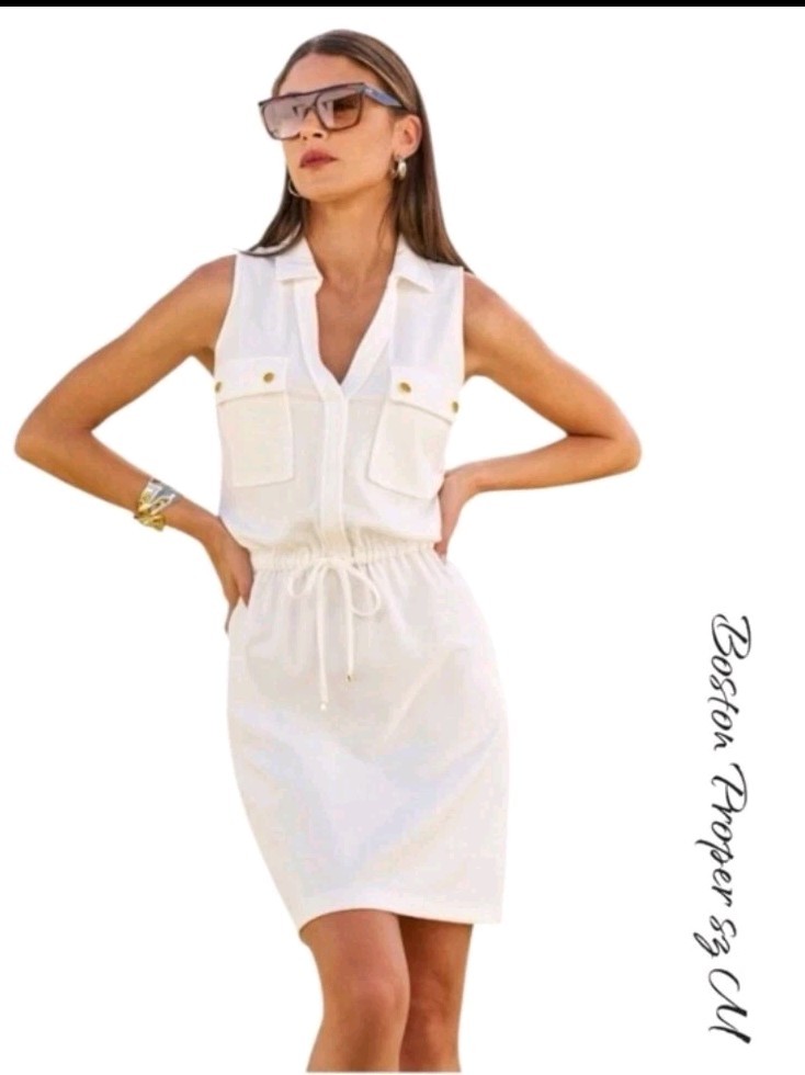 Boston Proper Beyond Travel White Sleeveless Shirt Dress sz M