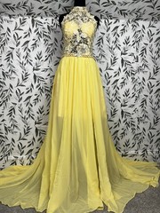 Yellow Lace Chiffon A-line Prom Bridesmaid Gown Pageant Wedding Cocktail M NWT B