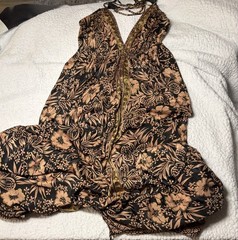 Women’s Black & Tan Floral Halter Maxi Dress Rayon Tie Waist One Size