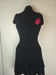 Vtg Y2K Byer Too! Black Ruffle Tier Mini Dress W/Rose Medium Off The Shoulder