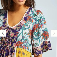Anthropologie PATCHWORK TRAPEZE MINI DRESS Lilka Babydoll cottage core yellow XL