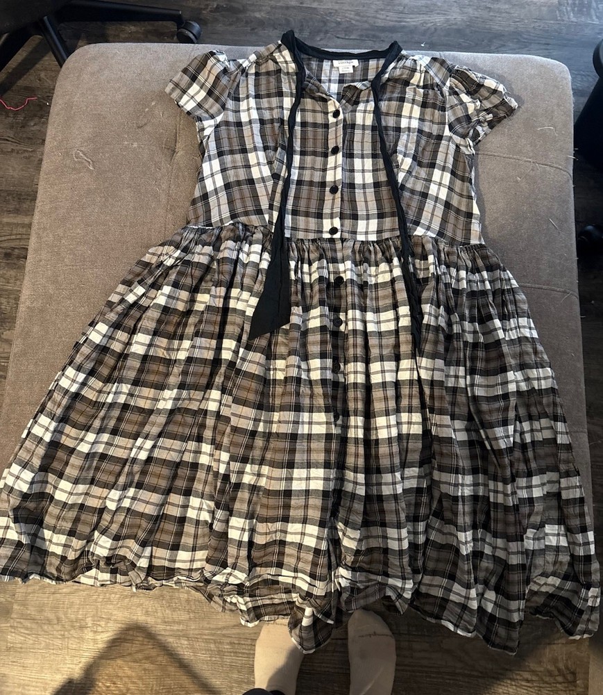 Unique Vintage 2X/18 Plaid A-Line Midi Dress Short Sleeve Button Front