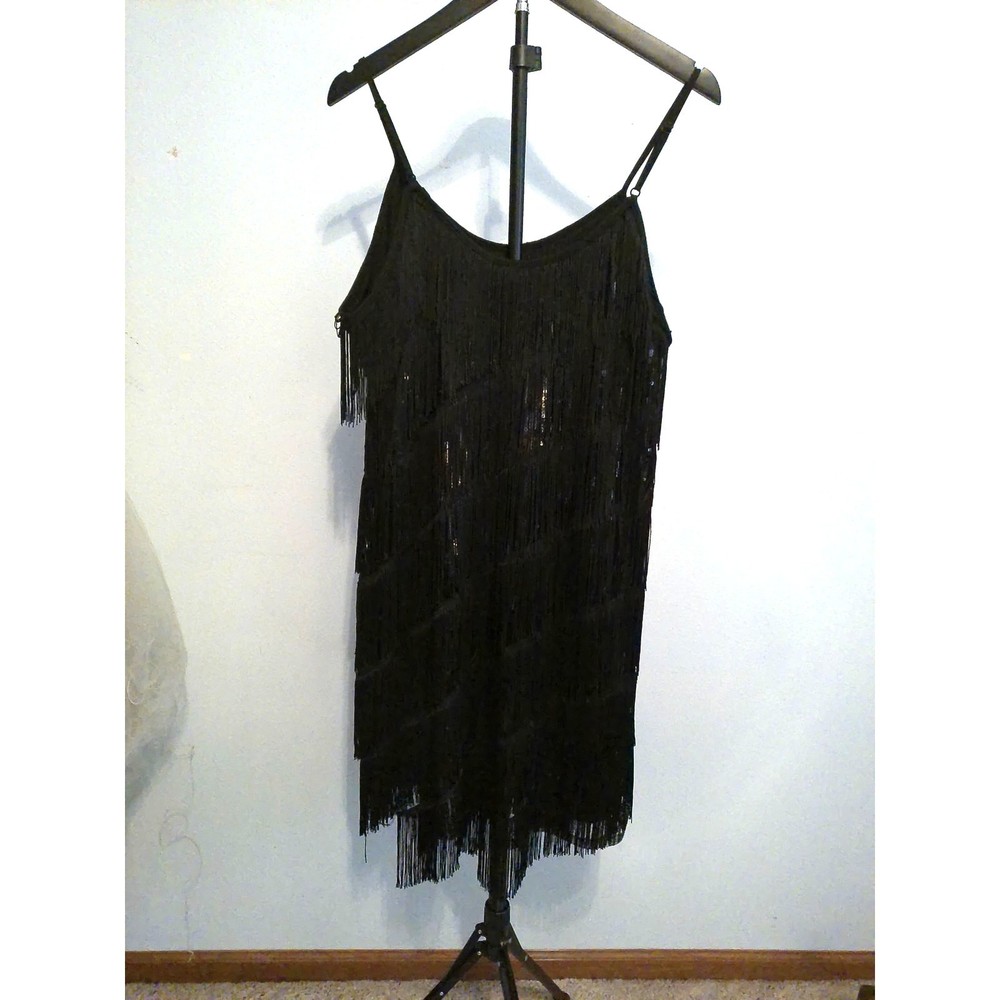 Vintage 1920s Style Black Tiered Fringe Flapper Dress Spaghetti Strap Cocktail