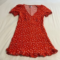 H&M Divided Red Floral Ruffle Hem Mini Dress Short Puff Sleeve V-Neck Large