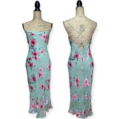 Vintage 90s Sage Green Velvet Burnout Floral Midi Slip Dress Open Back UK 8/10