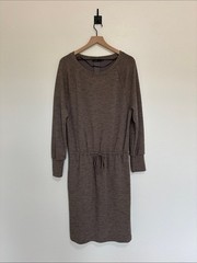 Prana Sunrise Knit Blouson Elastic Waist Long Sleeve Knee-Length Dress Brown XL