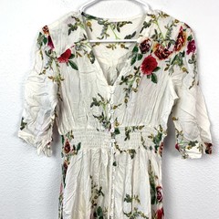 Boho Floral Midi Dress Women&rsquo;s White Red Green Smocked Waist Button Front Tassel