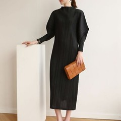 Autumn Spring New High End Pleated Casual Loose Half High Collar Batsleeve Dress