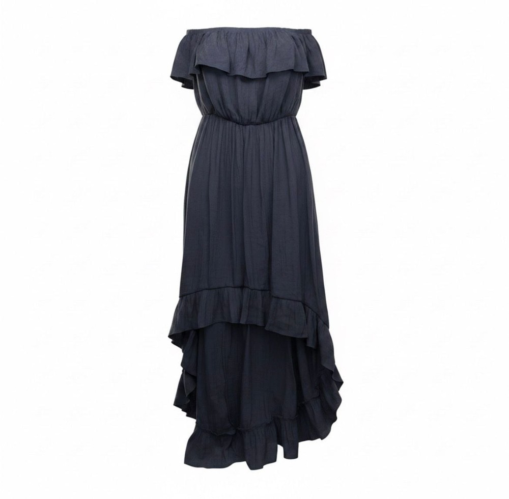 Entro Off-The-Shoulder Ruffle Asymmetric Hem Maxi Dress in Navy