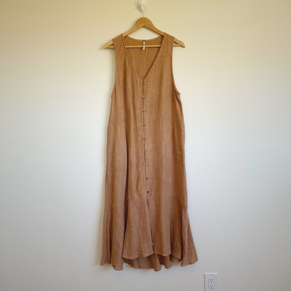 Free People Textured Cotton Button Down Ruffle Maxi Dress Medium Beach Cottage