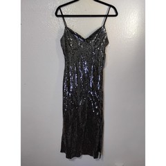 Timing Womens Black Silver Sequin Spaghetti Strap V-Neck Midi Dress Large (46)