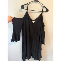 Cato Black Cold Shoulder Mini Dress Crochet Lace Trim Bell Sleeve Boho Medium