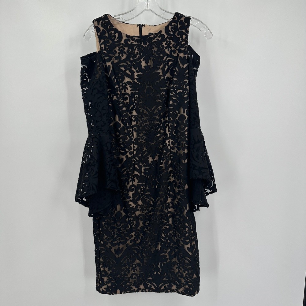 Womens Gothic Black Damask Flocked Cold Shoulder Bell Sleeve Dress Sz 6 Romantic