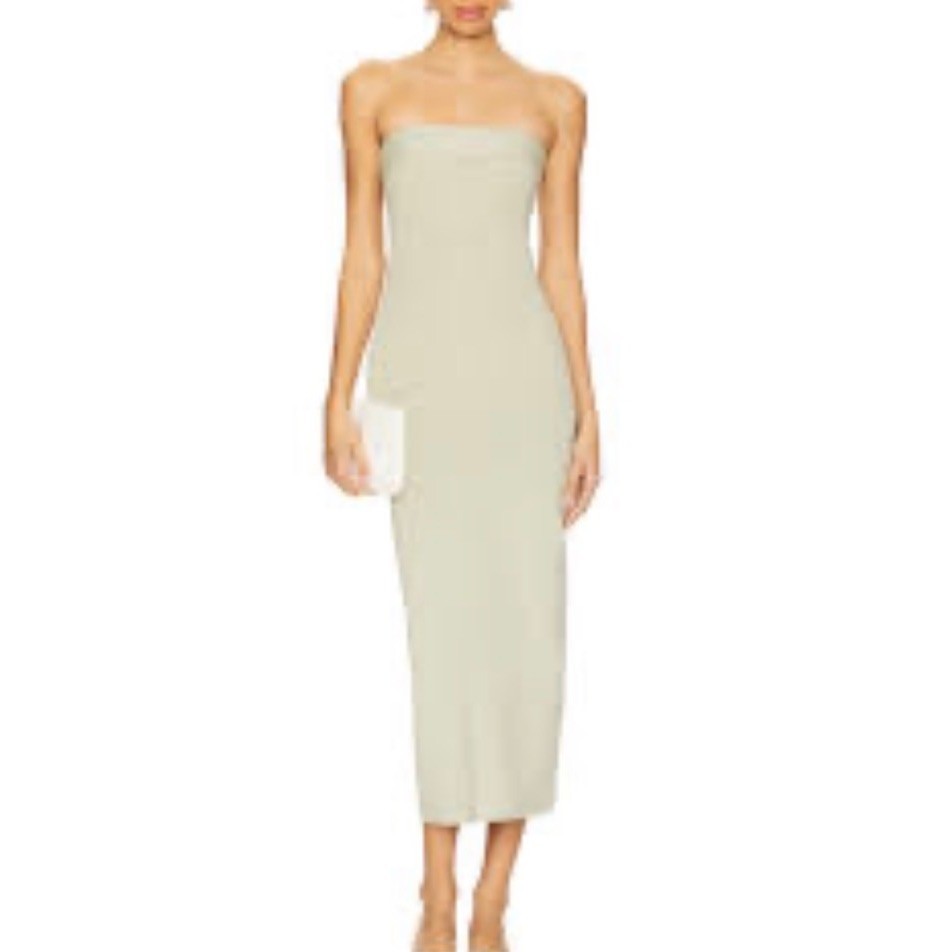 Free People Beach Strapless Ribbed Midi Dress Sage Green Linen Blend-Size M