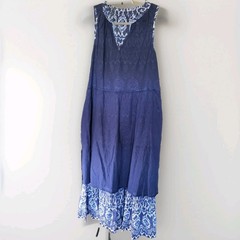 Tommy Bahama Navy Ikat Midi Tiered Dress L Cotton Resort Vacation with Pockets
