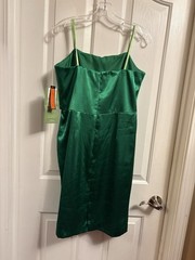 Green Satin Solid Knee Length Dress Pleated Bow Tie Front Spaghetti Strap