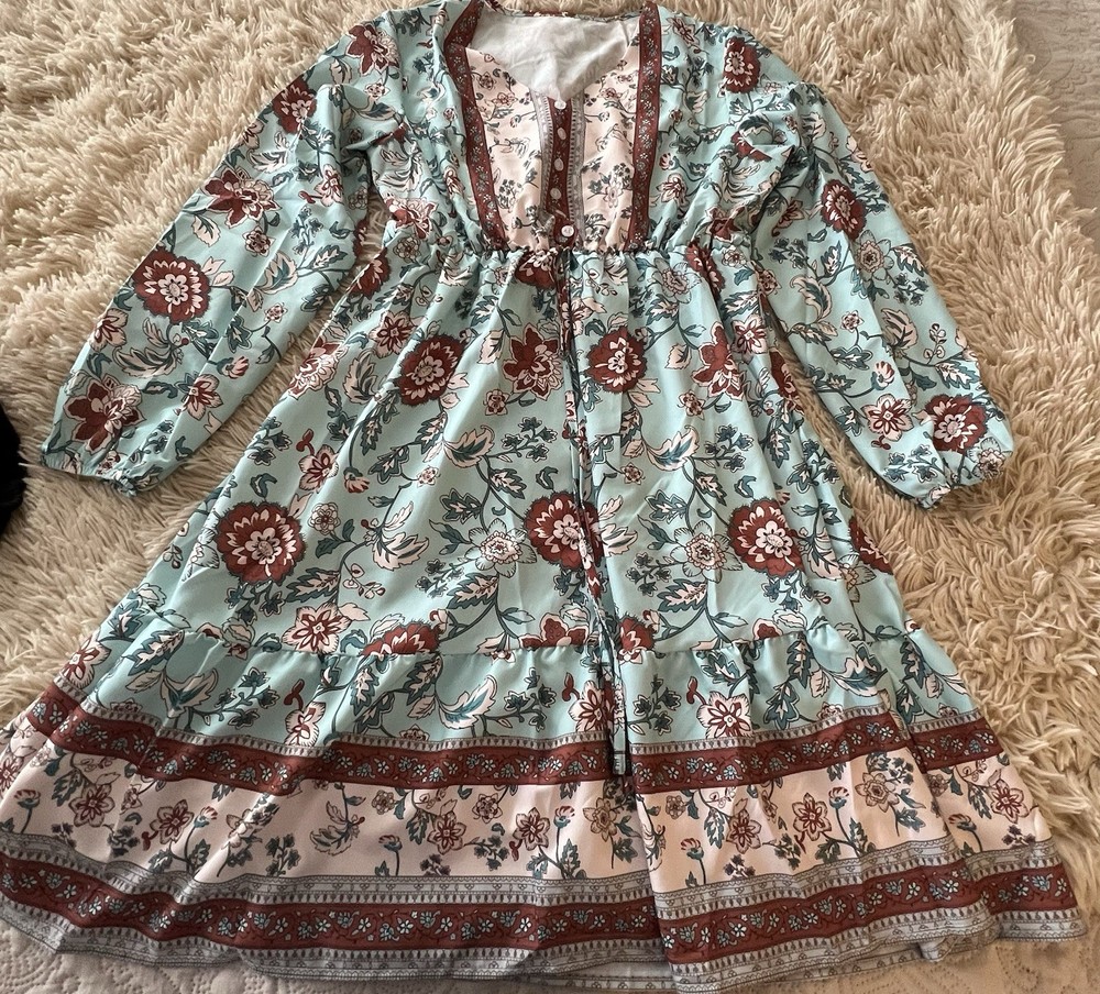 Multicolor Floral Long Sleeve Button Front Knee Length Chiffon Dress M