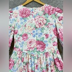 80s Vintage Handmade Floral Dress Size 10 Pink Green Cottagecore Midi Pleated