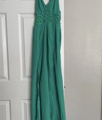 Entro Green Solid Maxi Dress V-Neck Button Front Lace Accents Adjustable M