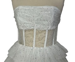 Iridescent Sparkly Sequin Tiered Tulle Mini Dress Mesh Corset Boned Strapless L