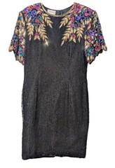 Vintage Stenay Silk Beaded Dress 10 Black Gold Sequin Floral Cocktail