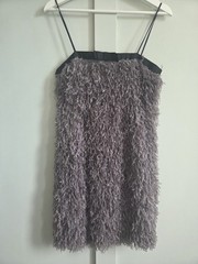 ​ZARA Shaggy Feather Faux Fur Mini Dress Gray Mauve Taupe Strappy Bow Trim XS