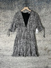JustFab Dress Womens Large Black White Snake Print V Neck Mini Ruffle Hem Party