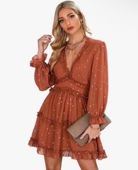 Rust Golden Star Open Back Cutout Ruffle Chiffon Mini Dress Long Sleeve Size L