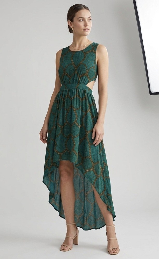 Love21 Boho Whimsigoth Hi-Low Cut Out Maxi Dress Green Medallion Lace Up XS