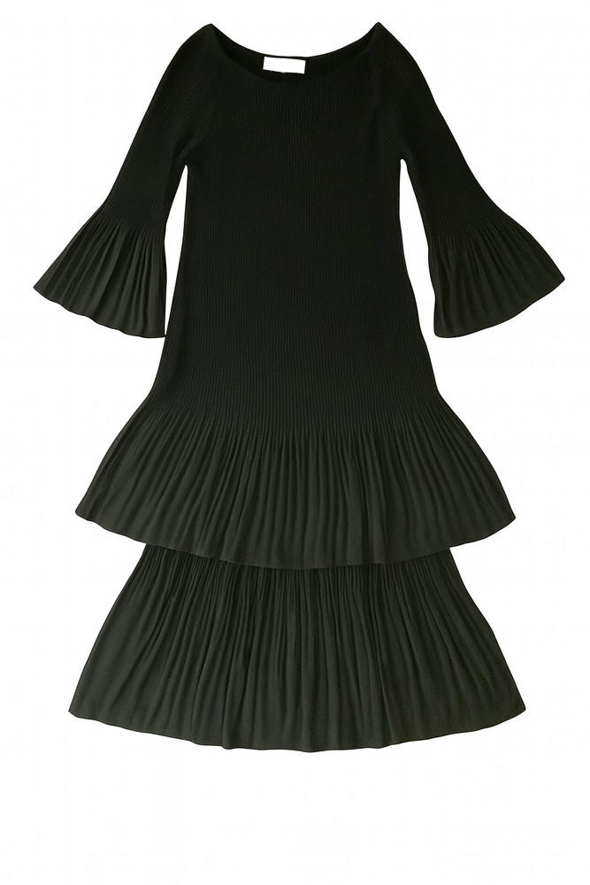 Adrienne Vittadini Black Tiered Midi Dress Pleated Bell Sleeves Size 10 Ribbeb